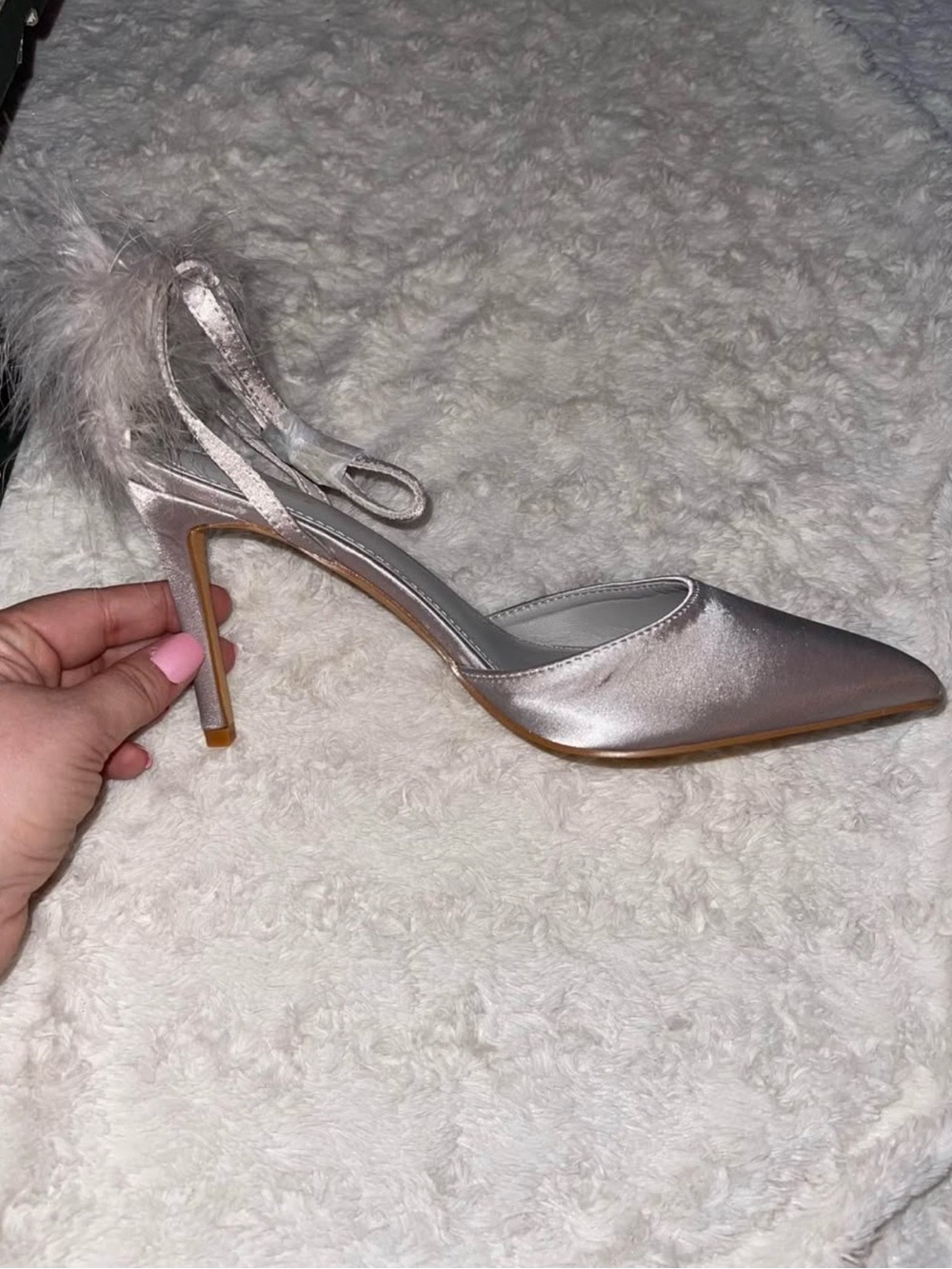 Satin Pointed-Toe Feather Slingback Heels - Silver women’s size 7.5